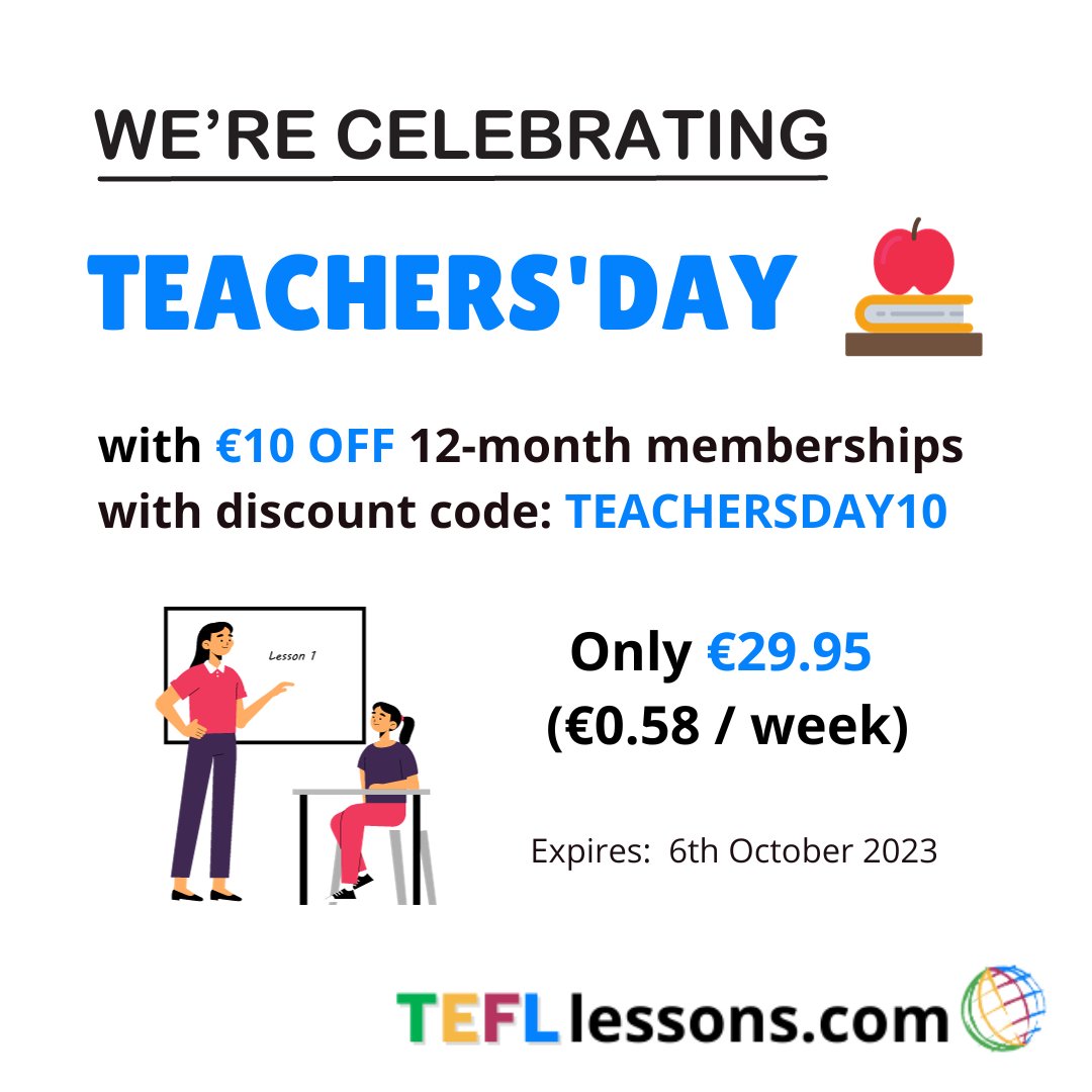 TEFL_Lessons's tweet image. Happy Teachers Day! 

tefllessons.com/product/12-mon…

#eslteachers #TEFL #teachingenglish #englishteacher