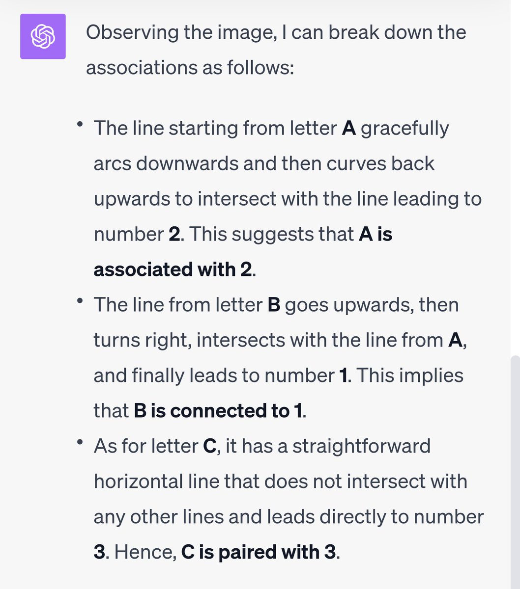 AndrewCurran_'s tweet image. This is a language problem. The main problem is that the lines do not touch the numbers. When you say 'linked' GPT4V thinks 'the line must touch'. That was the main issue. 

With this wording GPT4V will understand the question, and answer correctly;