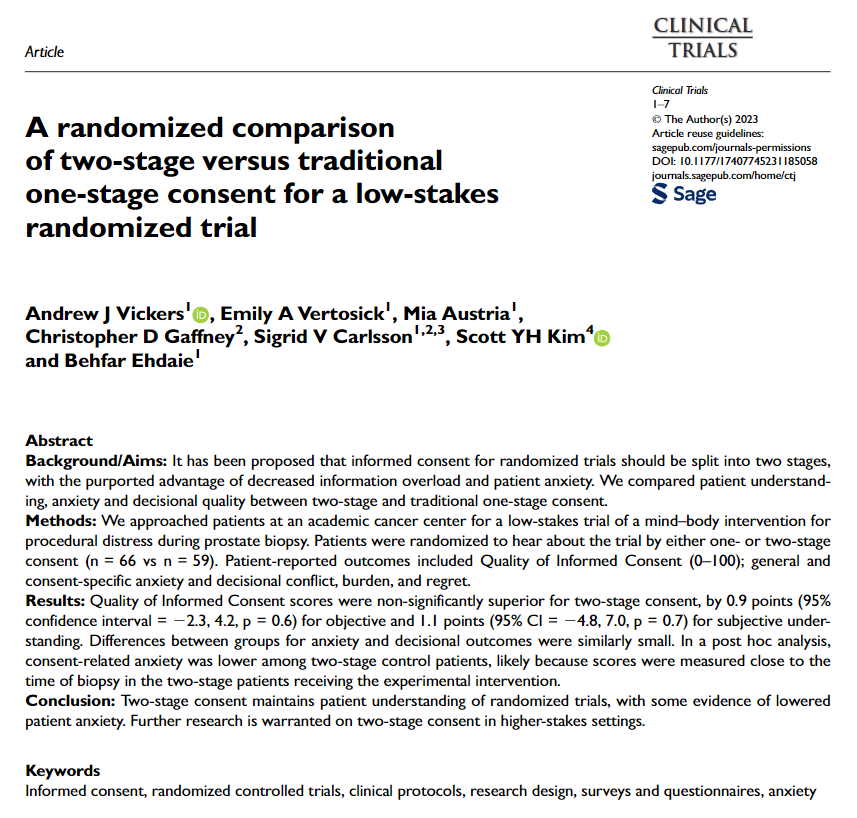 Andrew Vickers and colleagues provide evidence that conducting informed consent in two stages can reduce patient anxiety. @VickersBiostats @BehfarEhdaieMD @SigridCarlsson @SCTorg #informedconsent @picphysicians #clinicaltrials @MSKBiostats @MSKCancerCenter