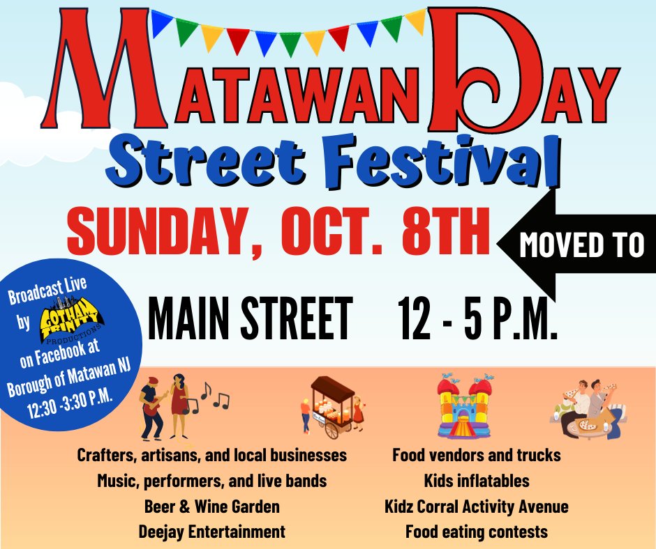 Due to the forecast of rain on Saturday, the Matawan Day Street Festival will now be held on Sunday, October 8th from 12pm-5pm on Main Street. Please join us for a fun and memorable day! #matawannj #matawanday2023 #NJ