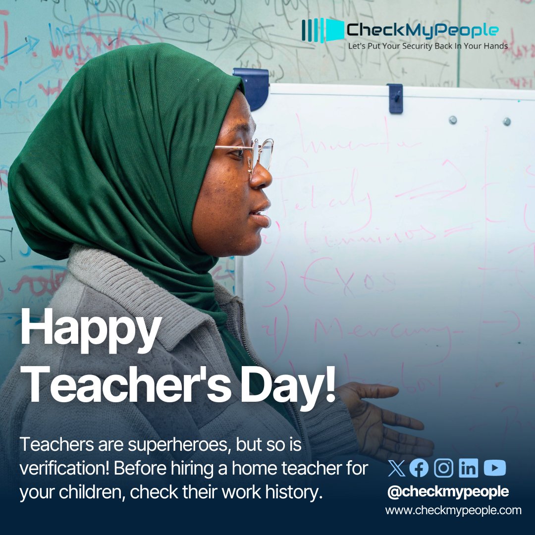 checkmypeople's tweet photo. It's Teacher's Day today. The first step to safe learning is to hire verified teachers! Be a Wise Parent. If you plan to hire a home teacher for your child, you should check their work history with the CheckMyPeople App.

https://t.co/DLFn4zqPDI
.

#CheckMyPeople #TrustButVerify https://t.co/TkxqZI90o9