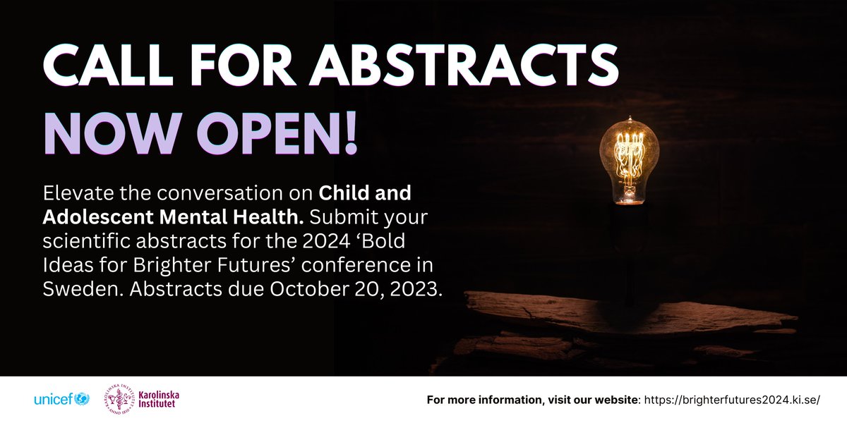 📢 Calling all researchers and experts in child and adolescent mental health around the world! Abstract submissions are officially open for our conference, due October 20, 2023. Submit now! #BrighterFutures2024 

More information: brighterfutures2024.ki.se