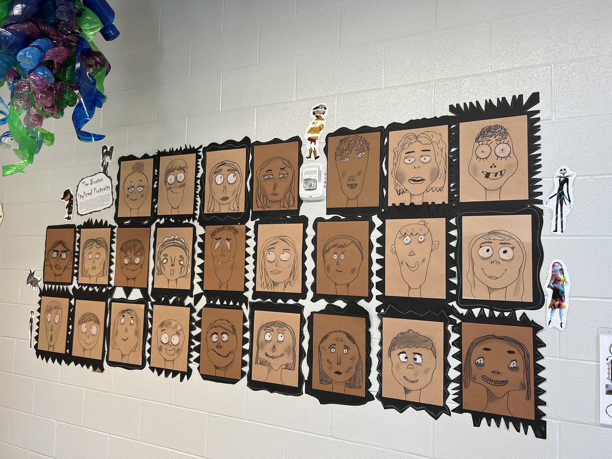 CanfieldsART_Rm's tweet photo. Hello October! Our SCES artists are busy studying the work of artist/animator, Tim Burton. Students create their own stylized portrait, using Burton’s work as their inspiration. We focus on exaggerated facial features, shading/value, &amp; so much more! @steeplechaseel @Boone_County https://t.co/0GqTLetr3C