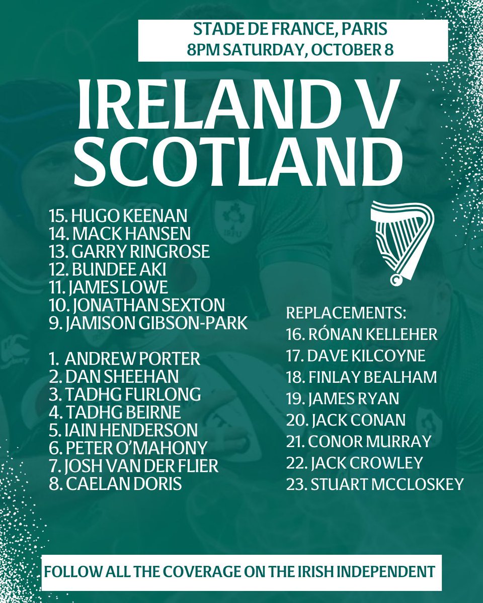 Independent_ie's tweet photo. Here is the Irish team to face Scotland in the Rugby World Cup on Saturday. Come on Ireland! #rugbyworldcup #IREvSCO https://t.co/3AmrlHx5Dq