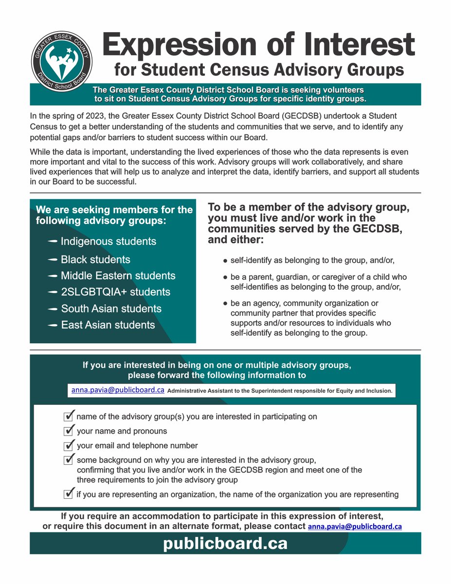 The GECDSB is seeking members for our Student Census Advisory Groups. Advisory groups will work collaboratively, and share lived experiences that will help us to analyze and interpret the data, identify barriers, and support all students in our Board to be successful.
If you are