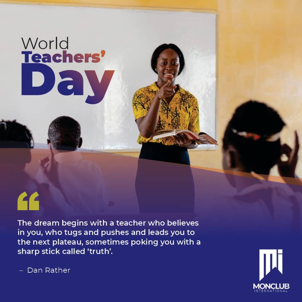 MonClubInt's tweet photo. The dream begins with a teacher who believes in you, who tugs and pushes and leads you to the next plateau, sometimes poking you with a sharp stick called ‘truth’. – Dan Rather
Happy World Teachers’ Day!
#MonClub #worldteachersday #worldteachers #teachersday #teachersimpact https://t.co/8u1ODLviaH
