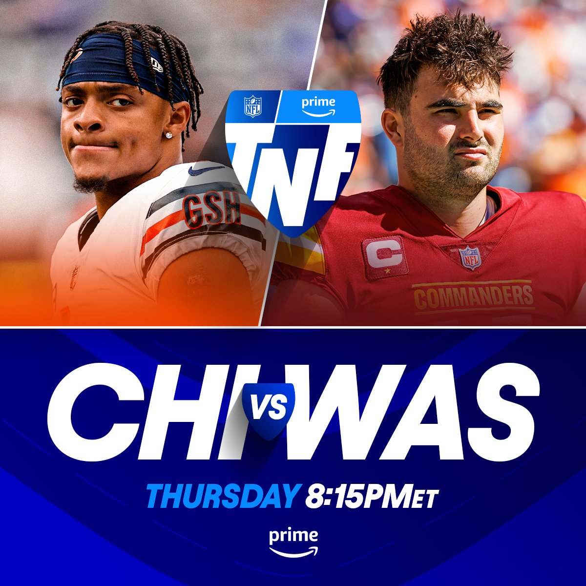 NFL's tweet photo. Who's kicking off Week 5 with a W?
#CHIvsWAS -- Thursday 8:15pm ET on Prime Video
Also available on #NFLPlus https://t.co/LUpqSHxowe