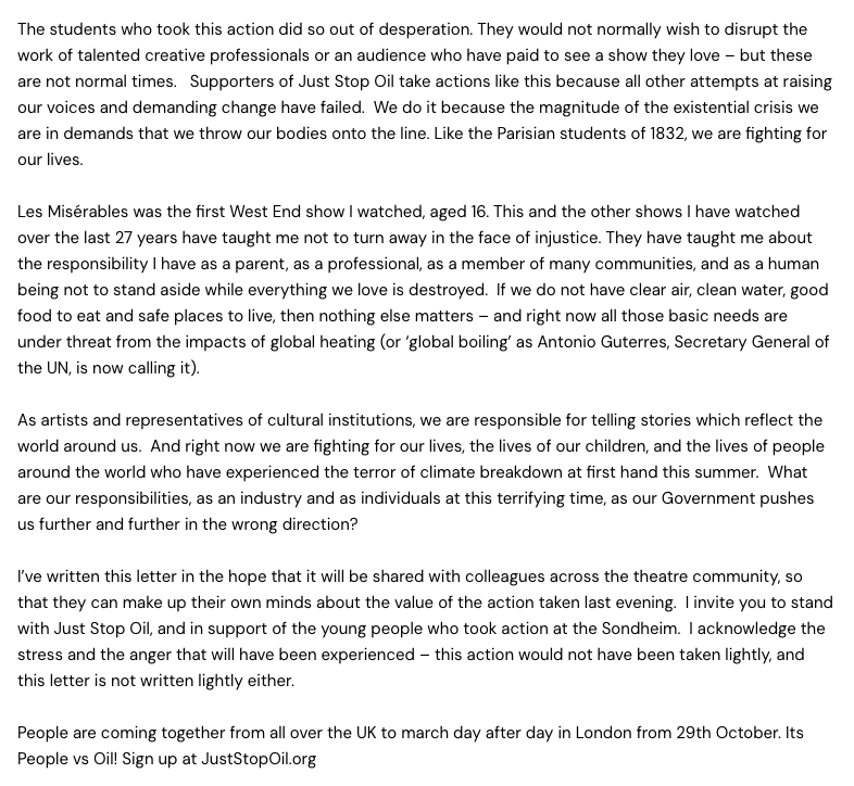 JustStop_Oil's tweet photo. 🚨 Theatre producer and Just Stop Oil supporter, Chloe Naldrett calls for those in the industry “to decide who we are.”

👉 Read her full letter here:
https://t.co/Di8WnKy4Rv https://t.co/UfClPv2yKq