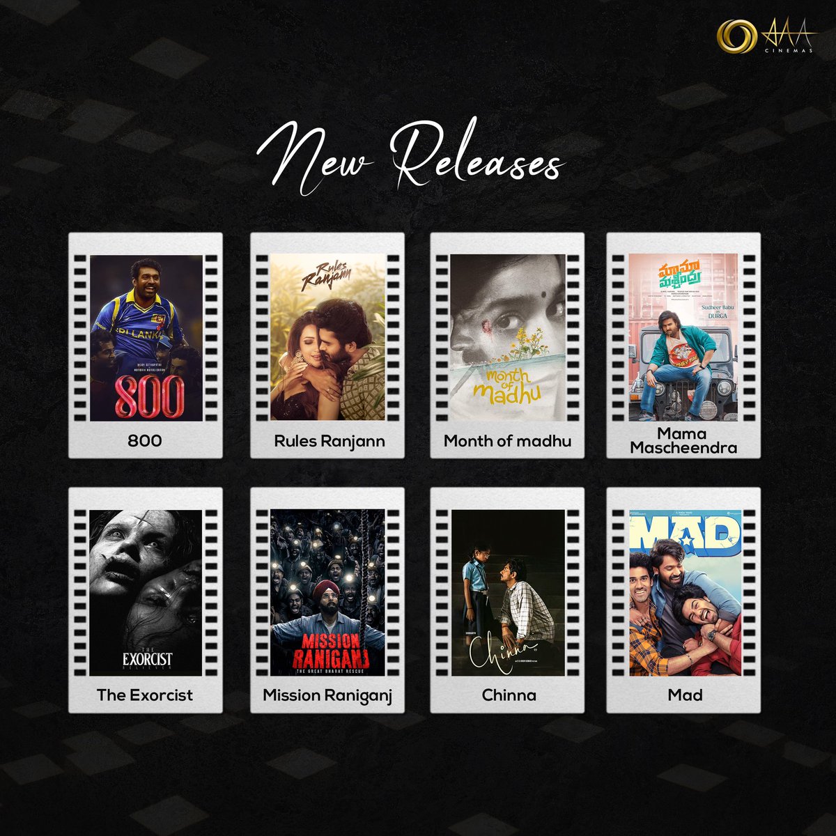 New week, new movie marathon for our cinema buffs🍿🥳 Let the shows begin🎬

Book Your Tickets Now!!

bit.ly/AAACinemasBook…

#800TheMovie #RulesRanjann #MonthOfMadhu #MamaMascheendra #TheExorcistBeliever #MissionRaniganj #Chinna #Mad 

#newreleases #AAACinemas