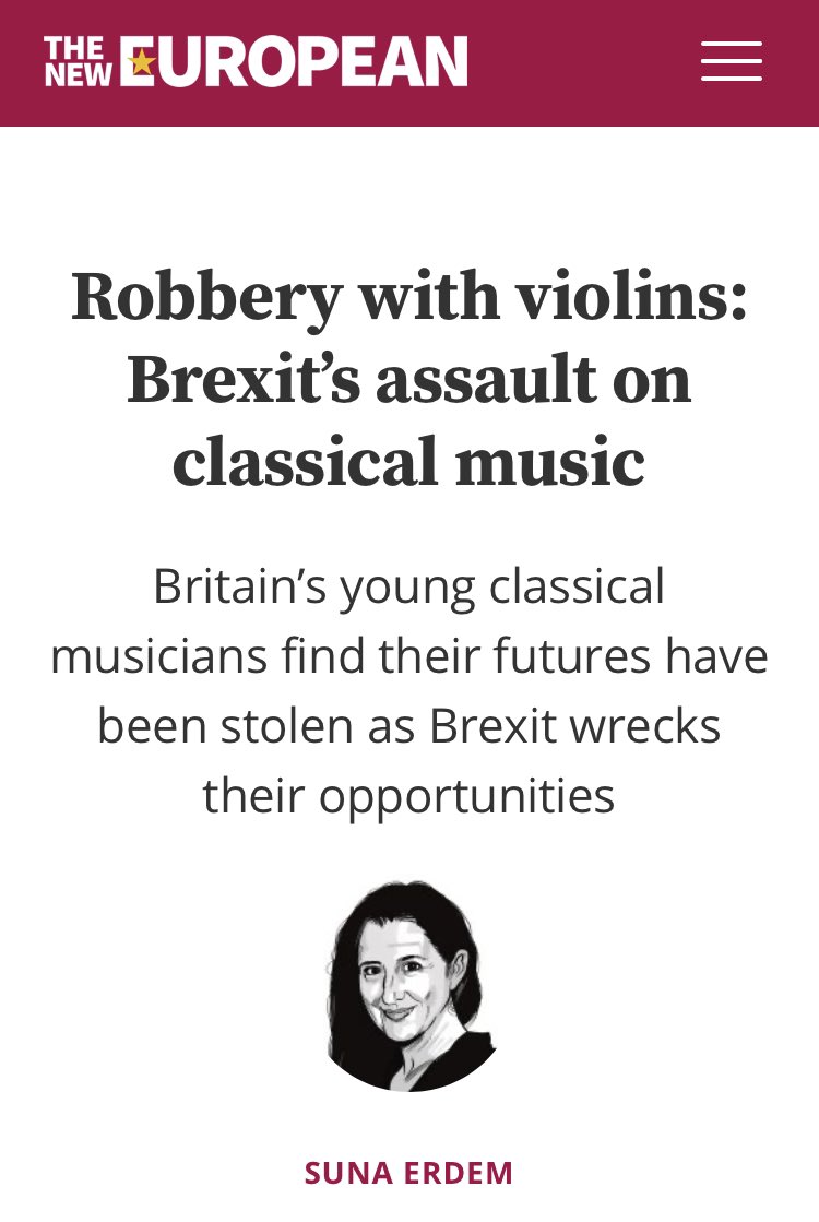 LizWebsterSBF's tweet image. Robbery with violins: Brexit’s assault on classical music

Britain’s young classical musicians find their futures have been stolen as #Brexit wrecks their opportunities 

“For hundreds of years musicians have moved across the Channel for work, learning and audiences. 

Classical…