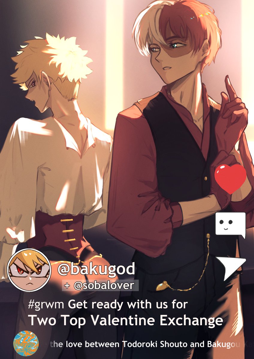Shoto &amp; Katsuki are preparing for the Two Top Valentine Exchange💋

Are you ready to join them too?

❣️SIGN UP FORM❣️
docs.google.com/forms/d/e/1FAI…

Sign ups extended until 10/13

(art by <a href="/vidmochka_art/">vidmochka/відьмочка 💙💛</a>)