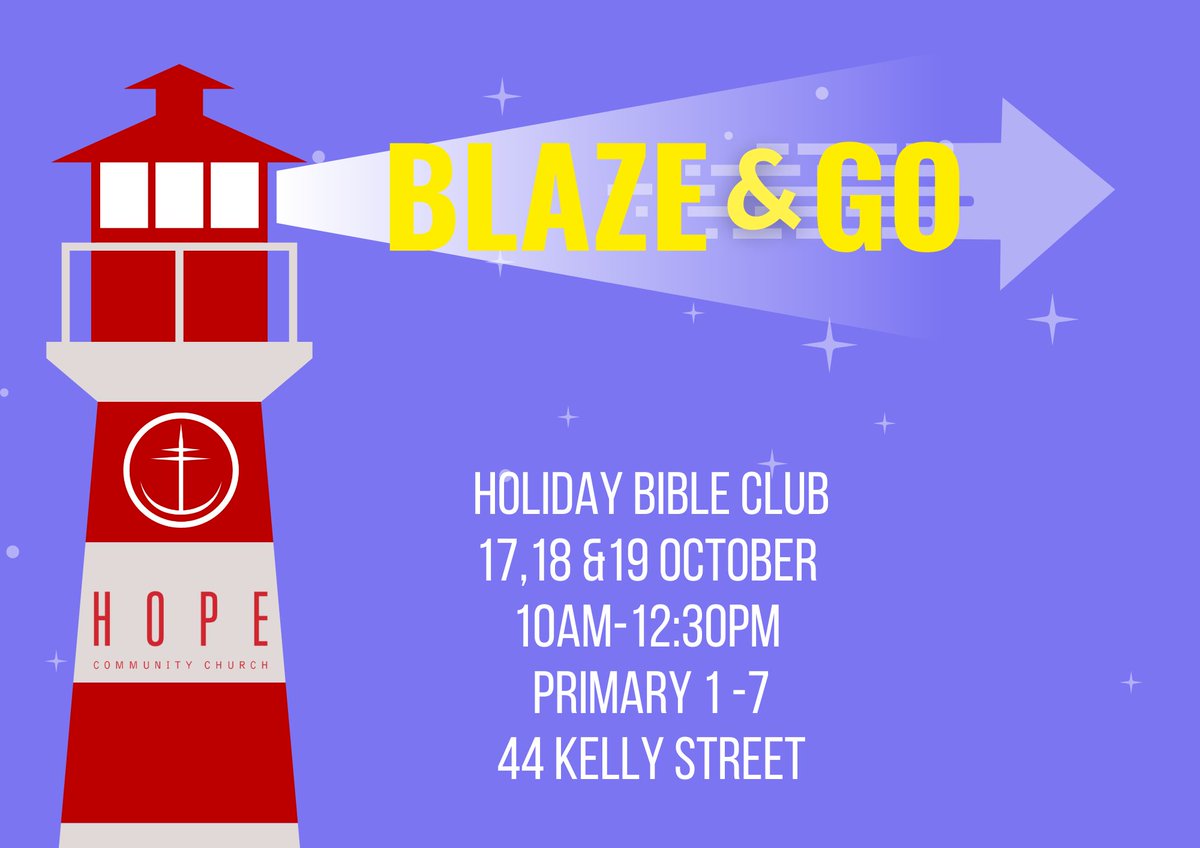 So exciting to announce our Holiday Bible Club for half term. Use the link below to register your children for a FREE place. It is going to be great fun.
#hopeinverclyde #hopecommunitychurchgreenock #holidaybibleclub #blazeandgo 

form.jotform.com/232561483893061
