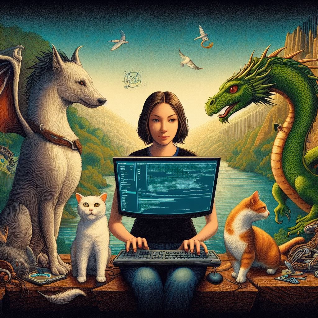 lautzenheiser's tweet photo. Today's entry.
Prompt: "create a painting in the style of leonardo da vinci  that shows a computer programmer, a dog and cat, and a dragon near the ohio river." https://t.co/zAMzlAleQJ