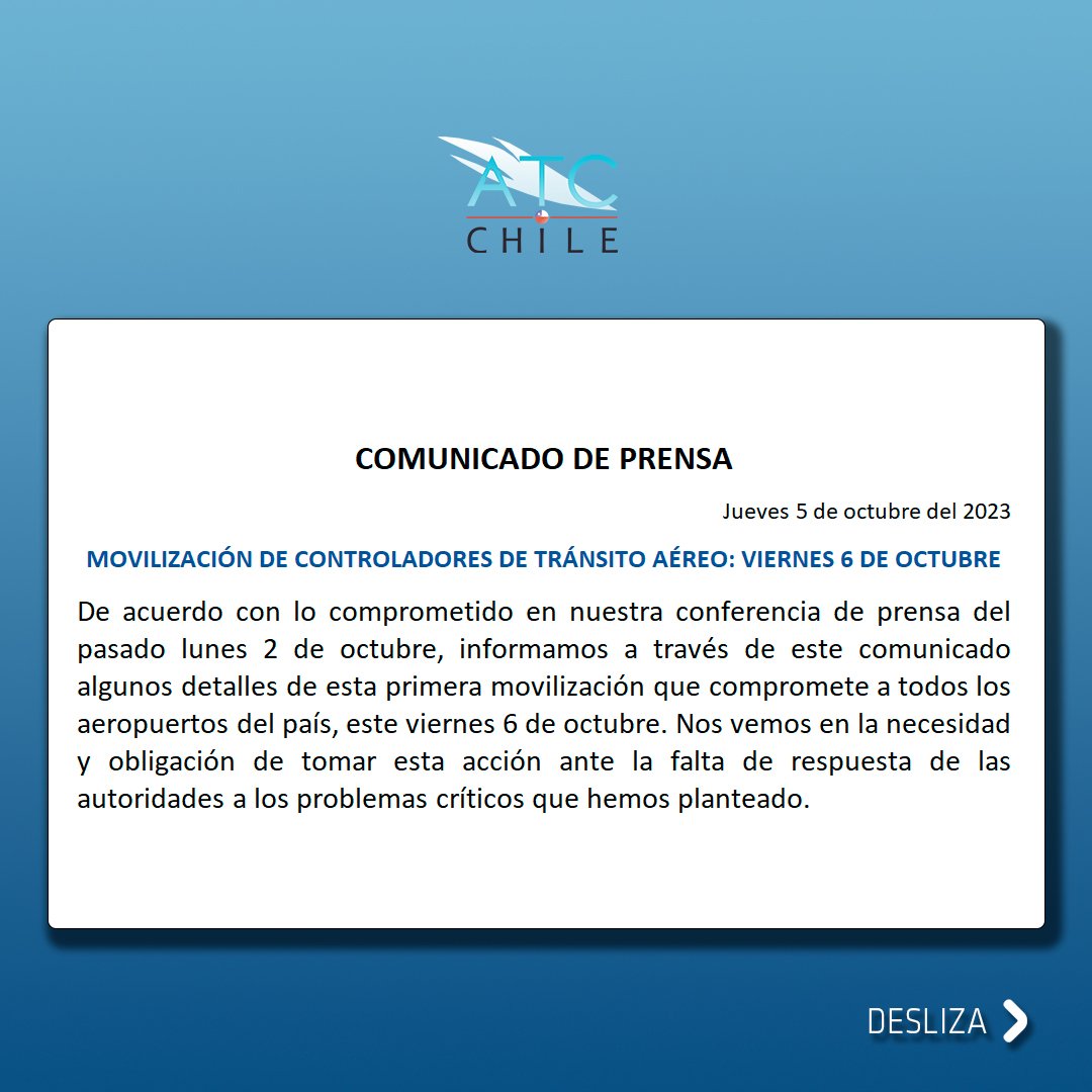 ColegioATCChile's tweet photo. Comunicado de prensa: Movlizacion de Controladores de Tránsito Aéreo, viernes 6 de octubre

No podemos esperar más por medidas que aseguren la seguridad en los cielos chilenos. 🕐

#ControladoresOrganizados
#ControladoresMovilizados
#MovilizacionAtcChile
#SeguridadAerea https://t.co/eo8MaleyLv