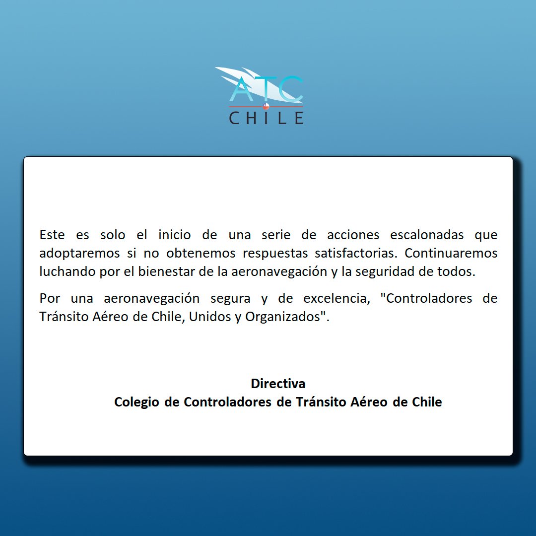 ColegioATCChile's tweet photo. Comunicado de prensa: Movlizacion de Controladores de Tránsito Aéreo, viernes 6 de octubre

No podemos esperar más por medidas que aseguren la seguridad en los cielos chilenos. 🕐

#ControladoresOrganizados
#ControladoresMovilizados
#MovilizacionAtcChile
#SeguridadAerea https://t.co/eo8MaleyLv