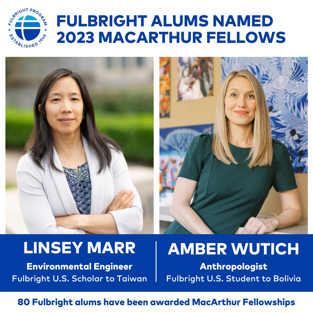 Congratulations to the two #Fulbright alums, Linsey Marr and Amber Wutich, who were named 2023 MacArthur Fellows! 🌟 See the full list of 80 Fulbrighters who have been named #MacFellows at bit.ly/3rHdCqT @macfound @AWutich @virginia_tech @ArizonaState