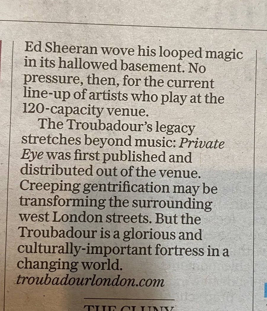 TroubadourLDN's tweet photo. "...the Troubadour is a glorious and culturally-important fortress in a changing world."Thank you @Telegraph for the kind words!@gr8musicvenues @musicvenuetrust #livemusic #grassrootsvenues https://t.co/uFRhkNVbFR