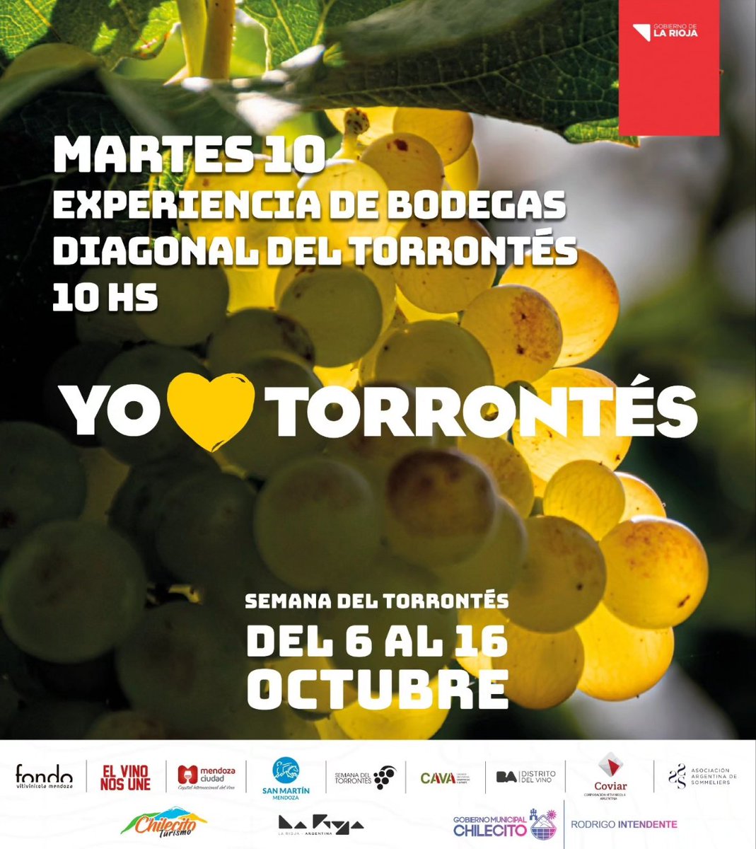 SecTurChilecito's tweet photo. SEMANA NACIONAL DEL TORRONTÉS RIOJANO
Celebramos y Promovemos el #TorrontésRiojano por medio de experiencias 🍇🍷🙌
#RodrigoIntendente #QuintelaGoberandor https://t.co/UjO0W2nnGt