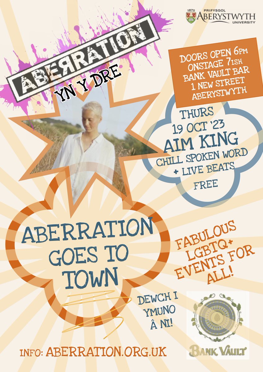 In just 2 weeks, Aberration presents spoken-word artist Aim King with haunting spoken word over live beats! At the fab Bank Vault bar in Aberystwyth. Free entry (donations welcome to AllOut). Supported by <a href="/AberUni/">Aberystwyth University</a> Details: aberration.org.uk/aim-king-19-10… Edrych ymlaen!