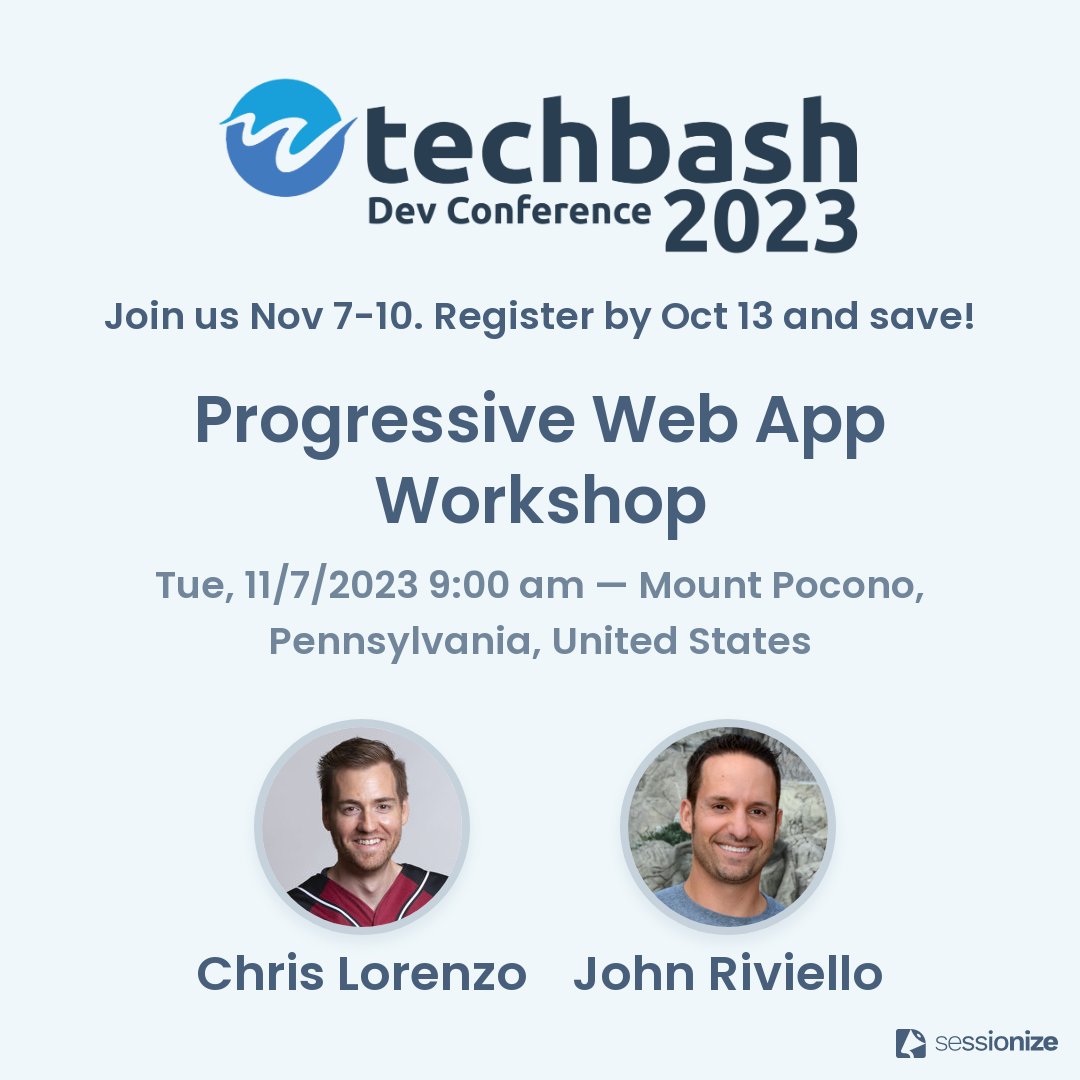 .<a href="/chiefcll/">chiefcll</a> &amp; I will be facilitating our #PWA workshop at #TechBash at the Kalahari Resort in the Poconos next month! You can get 10% off your registration with this link: eventbrite.com/e/617683055647…
Hope to see you there!