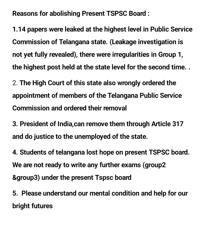 rajeevnani424's tweet photo. @rashtrapatibhvn
@DrTamilisaiGuv
@TelanganaGuv
@narendramodi
@PMOIndia
@LiveLawIndia

I urge you to take necessary steps to dissolve Telangana Public Service commission(TSPSC) due to paper leakage by its own staff and misconduct of examination by board.
#AbolishTspsc
#TSPSCReform https://t.co/cXeJUwvkUE