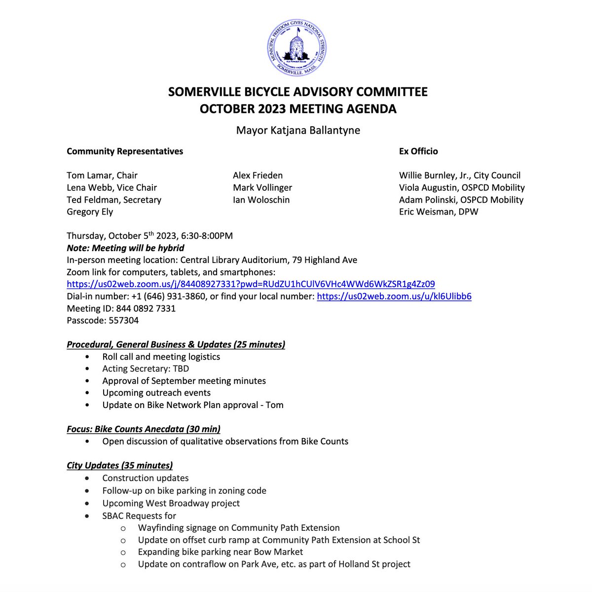 Join us tonight at 6:30 (either on zoom or in person at the Central Library) for our monthly meeting! Agenda and meeting link available on somervillema.gov/events/2023/10…