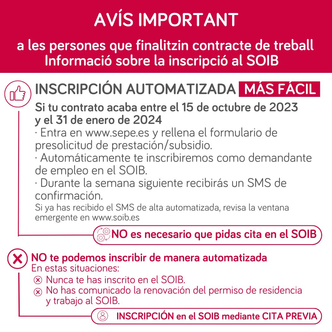 📢El #SEPE y el #SOIB vuelven a facilitar el procedimiento automatizado de inscripción al SOIB 👉 a las personas que acaben su contrato de trabajo entre el 15 de octubre de 2023 y el 31 de enero de 2024.