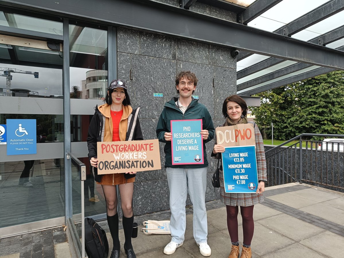 We are outside The Helix at the launch of <a href="/DCU/">Dublin City University</a> strategic plan and staff party. PhDs need strategy now, not later. We need fair pay, not parties! <a href="/PWO_Ireland/">PWO Ireland</a> #ResearchIsWork