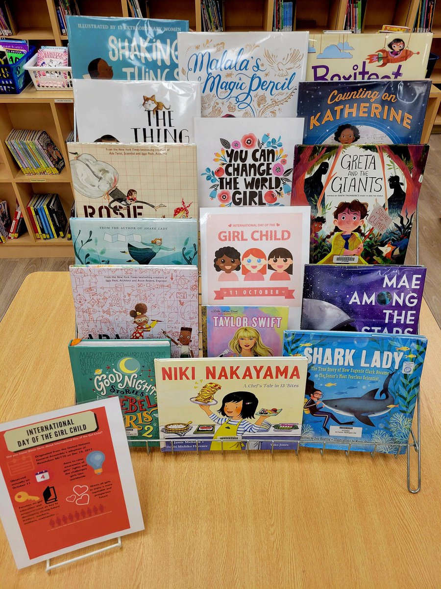 Hey @StPatrickB! Wednesday, October 11th is #InternationalDayOfTheGirl. Stop by the library to pick up one of these great read alouds celebrating these inquisitive girls (both real and imagined), and the trailblazing, enterprising women they grew up to be! 🌏♀️💗😊