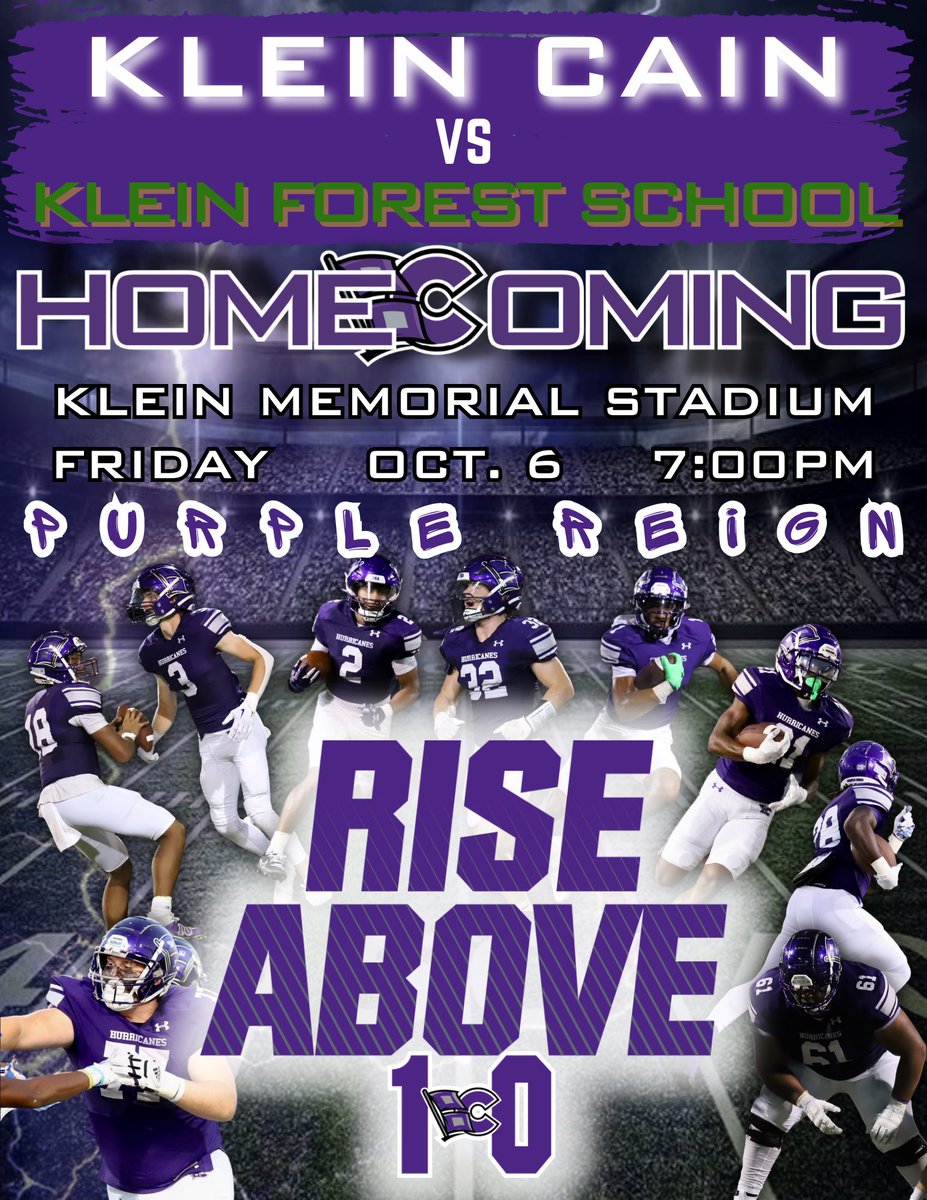 Klein Cain Football (@kleincainfb) on Twitter photo ‼️HOMECOMING + PURPLE REIGN‼️
FRIDAY 10/6
📍Klein Memorial Stadium
⏰7:00PM
Pack the house, and wear PURPLE!
#REIGNCAIN
<a href="/KleinISDAth/">Klein ISD Athletics</a> @CAIN_ATHLETICS ‼️HOMECOMING + PURPLE REIGN‼️
FRIDAY 10/6
📍Klein Memorial Stadium
⏰7:00PM
Pack the house, and wear PURPLE!
#REIGNCAIN
<a href="/KleinISDAth/">Klein ISD Athletics</a> @CAIN_ATHLETICS