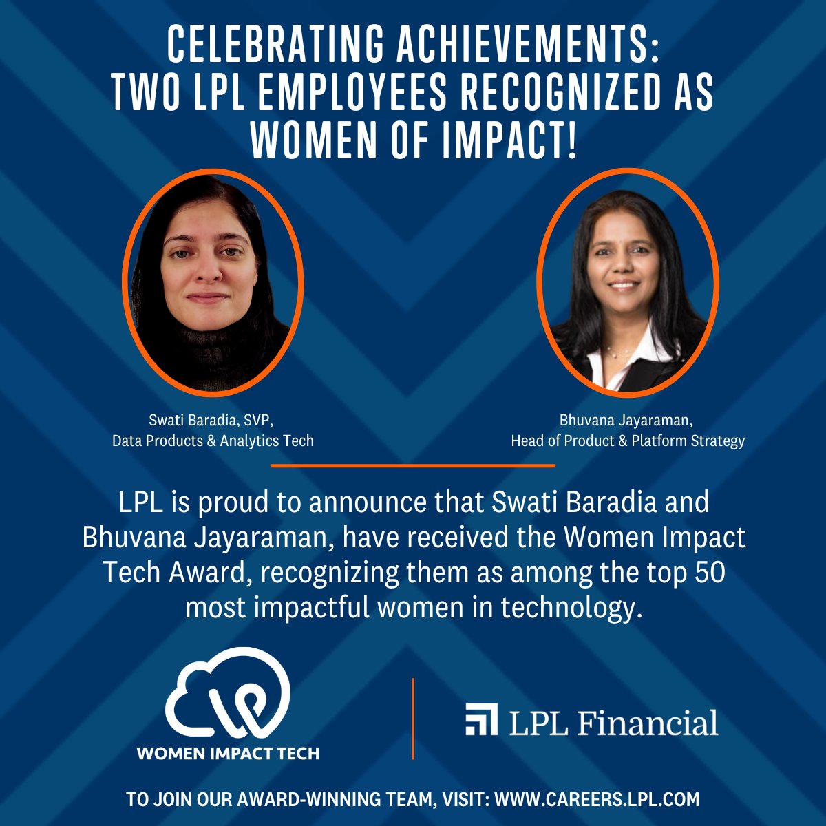 Greg Gates (@greggateslpl) on Twitter photo I couldn’t be more excited to share that <a href="/LPL/">LPL Financial</a> Technology & Product Leaders Swati Baradia and Bhuvana Jayaraman have received the #WomenImpactTech Award, which recognizes the top 50 most impactful women in technology.
Congrats, Swati & Bhuvana, on this well-deserved recognition! I couldn’t be more excited to share that <a href="/LPL/">LPL Financial</a> Technology & Product Leaders Swati Baradia and Bhuvana Jayaraman have received the #WomenImpactTech Award, which recognizes the top 50 most impactful women in technology.
Congrats, Swati & Bhuvana, on this well-deserved recognition!