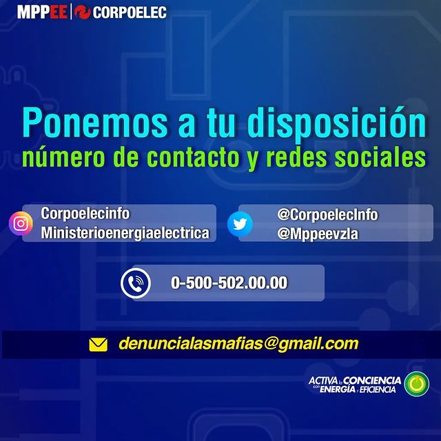 CorpoelecInfo's tweet photo. Ponemos a tu disposición nuestros canales de comunicación

📩 denuncialasmafias@gmail.com

☎️ 0500-5020000

📲 Twitter
✅ CorpoelecInfo
✅ Mppeevzla

📲IG
✅ @Corpoelecinfo
✅ @Ministerioenergiaelectrica

#DefendamosLoNuestro https://t.co/A6RjOB6MMR