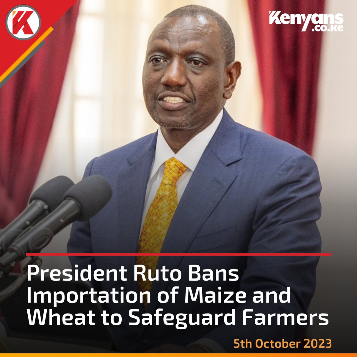 President Ruto bans importation of maize and wheat