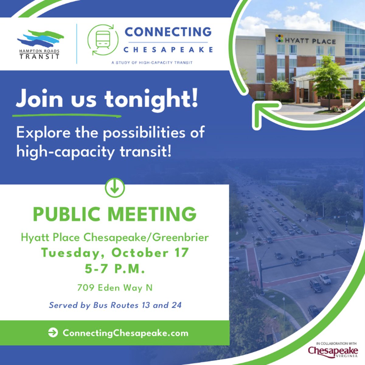 Public meetings and pop-ups for Connecting Chesapeake: A Study of High-Capacity Transit in @AboutChesapeake begin tonight. We look forward to seeing you tonight at the Hyatt Place Chesapeake/Greenbrier anytime between 5-7 p.m. Join the conversation at bit.ly/hrtcc.