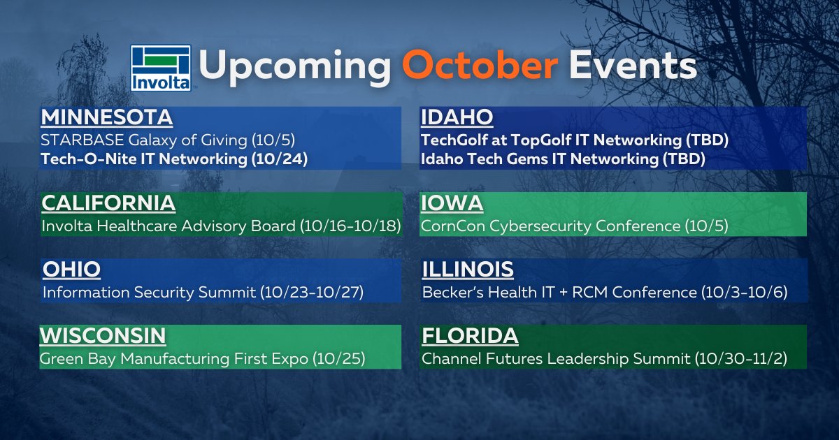 arkdatacenters's tweet image. Involtans are ready for a month of treats (not tricks)! We’re starting October with STARBASE Galaxy of Giving, Becker’s Health Conference, CornCon and much more!
Check the graphic for events in your market. Bolded #ITnetworking events are open to the public—info on our LinkedIn!
