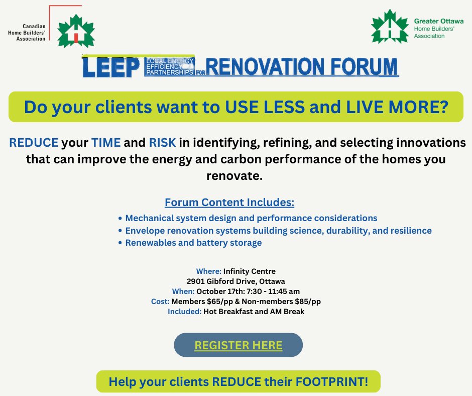 GOHBA_Ottawa's tweet photo. Do you have clients that want to SAVE MONEY? If so, this LEEP Renovation Forum is for you!” 
Register Here: https://t.co/JJKatzcsvT
Thank you to our sponsors @EnviroCentre https://t.co/GlqdQ2uq0i