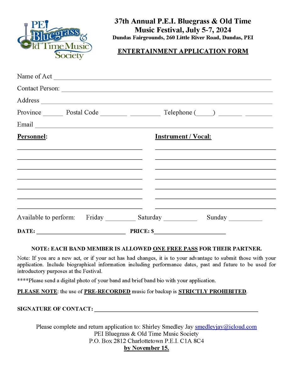 For those of you that have been asking for the 2024 Maritime Band application for the 37th annual PEI Bluegrass &amp; Old Time Music Festival, here it is.