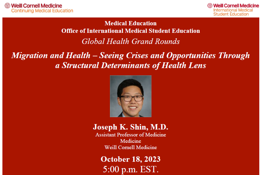 Join us on October 18th at 5pm EST for Dr. Shin’s talk on Migration &amp; Health. Register here for the Zoom link to be sent to you:  weillcornell.az1.qualtrics.com/jfe/form/SV_eU…. 
#migration #health #migrationhealth
<a href="/WCMDeptofMed/">Weill Department of Medicine</a> <a href="/WeillCornell/">Weill Cornell Medicine</a>