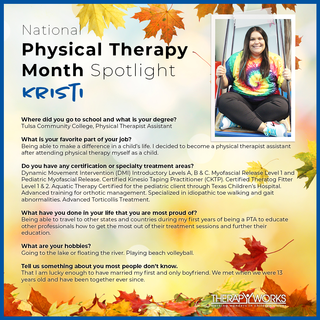 October is national Physical Therapy Month and we love our PT team! Meet Kristi! She loves floating the river, playing beach volleyball and married her high school sweetheart!

#nationalptmonth #physicaltherapyworks #PTA #october #AquaticTherapy #kinesiotape #theratogs #orthotic
