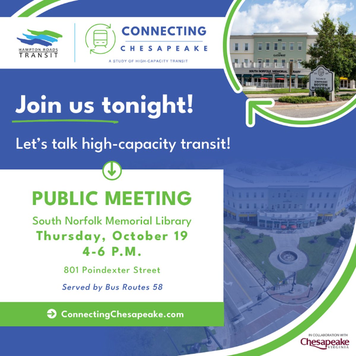 Join us tonight at the South Norfolk Memorial Library any time between 4-6 p.m. to explore high-capacity transit options in @aboutchesapeake and let us know your thoughts. For more info: bit.ly/hrtcc