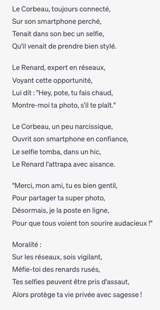 Julie_MarieB's tweet photo. J'ai demandé à #ChatGPT de faire une version moderne du Corbeau et le Renard, je ne m'attendais pas à ça !

#IA #Jeandelafontaine https://t.co/BmvMoOehvu