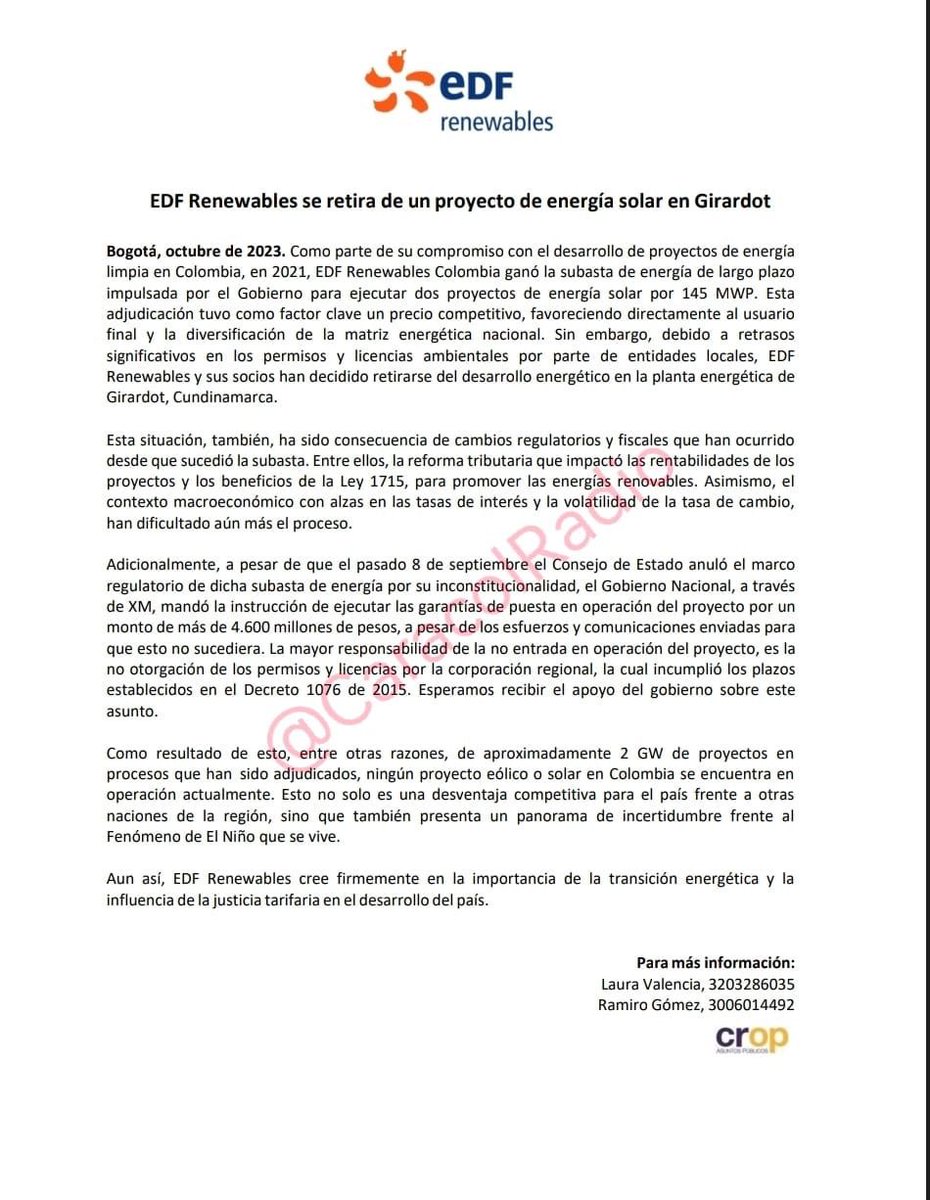 EDF es una empresa del estado francés con altos estándares sociales y ambientales. Decide abandonar su inversión en Colombia por la burocracia absurda y la falta de claridad en las reglas de juego en nuestro país.
Urge que se tomen medidas para que estas situaciones no se