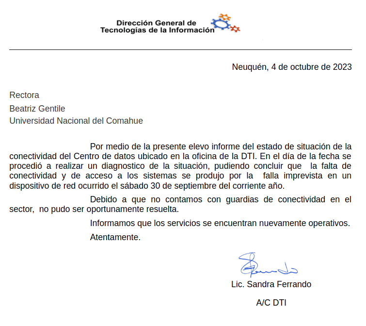DtiUnco's tweet photo. En el día de ayer se volvieron a reestablecer los servicios en el centro de datos de la Universidad Nacional del Comahue luego de la falla ocurrida el sábado 30/09/23 https://t.co/Cl4mRoOFDL