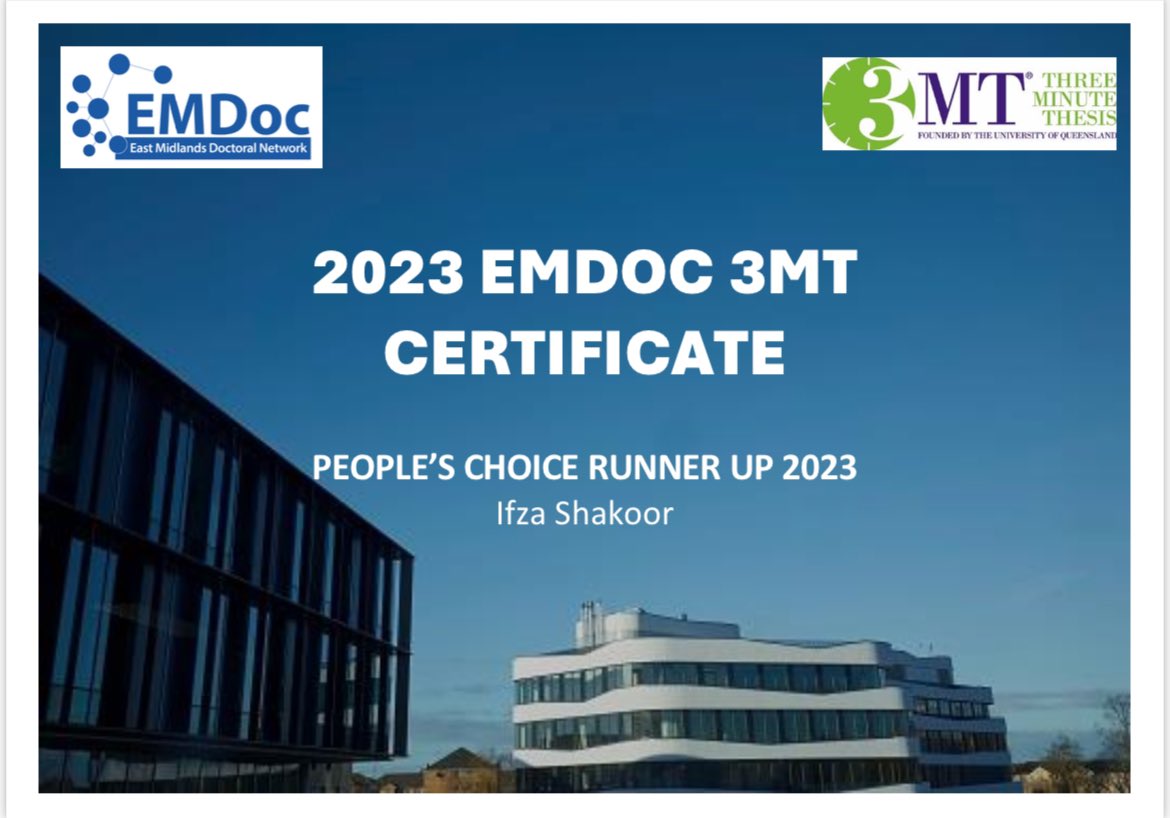 IfzaShakoor1's tweet photo. Look what just came through! It was an honour to be representing @DerbyUni @DerbyUniPGR for the EMDOc 3 minute thesis competition. Well done to everyone who participated! #3mt #threeminutethesis #EMDOC https://t.co/YoavecDu5J