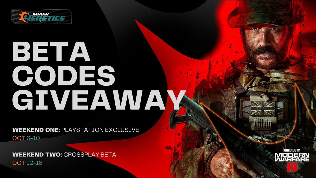 🎁 #MW3  BETA CODE GIVEAWAY 🎁

🔸Para entrar al sorteo solo tienes que seguir estos pasos: 

▪️ Seguir <a href="/JurNiii/">JurNii</a> &amp; <a href="/MiamiHeretics/">Miami Heretics</a> 
▪️ RT este tweet
▪️ Mencionar a un amigo con el que viciaras
         
🔔 El ganador lo anunciaré mañana 6 de octubre  a las 15:00 hora española 🔔
