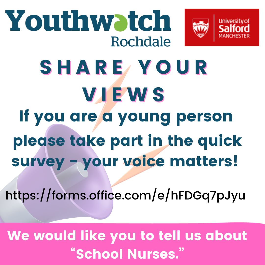 HWRochdale's tweet photo. Young people of the Rochdale Borough- Please take part in this quick survey to share your views and experiences of school nurses with the student school nursing team at Salford University. https://t.co/diwPuk3mHs #useyourvoice #shareyourfeedback #SchoolNurses #Youthvoice https://t.co/BgwkGVfuDR