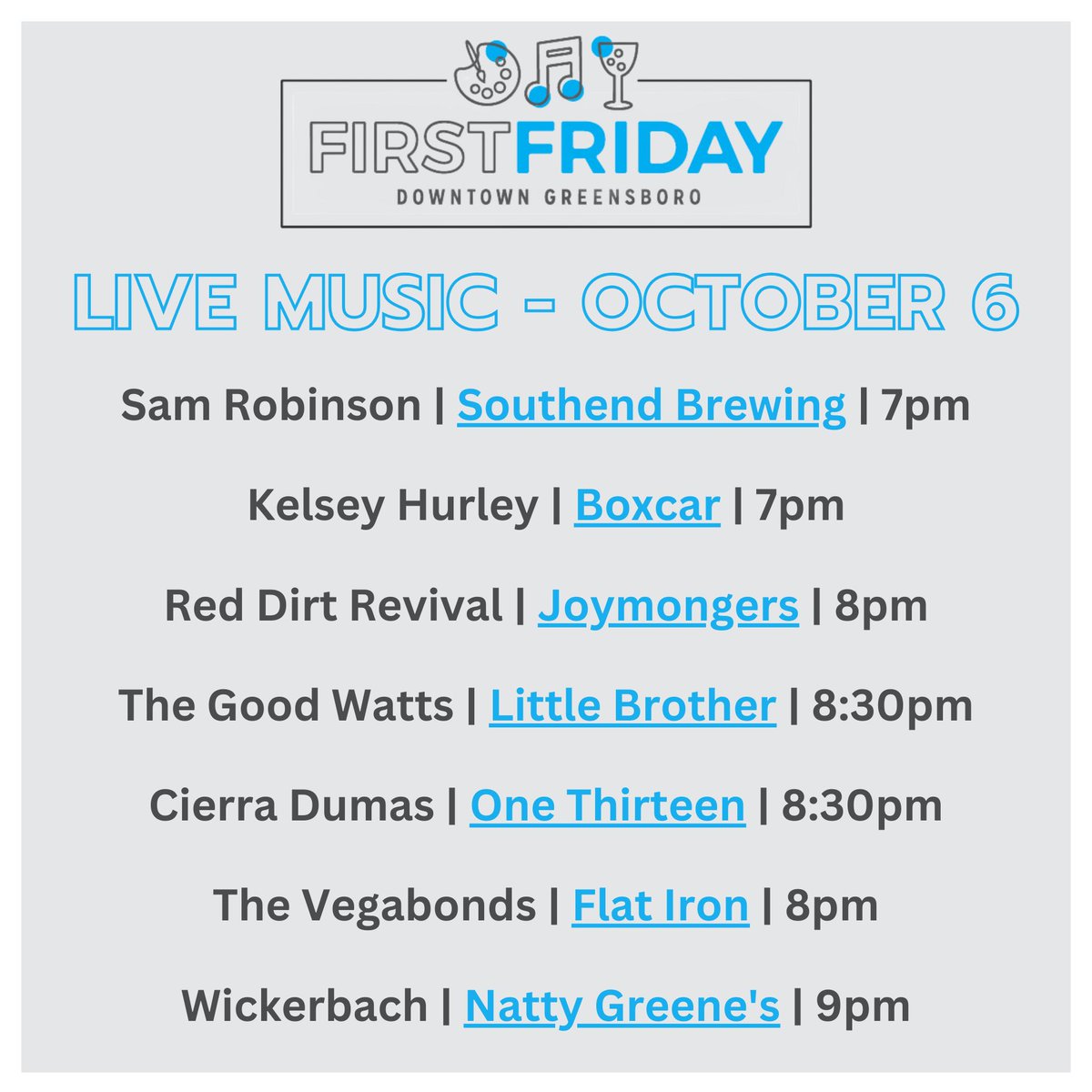 DowntownGSO's tweet photo. Your First Friday itinerary is HERE!!!
.
Where are you headed first?😁
#dwtngreensboro #greensboronc
#dgso #sogso https://t.co/eCvKe2yJSG