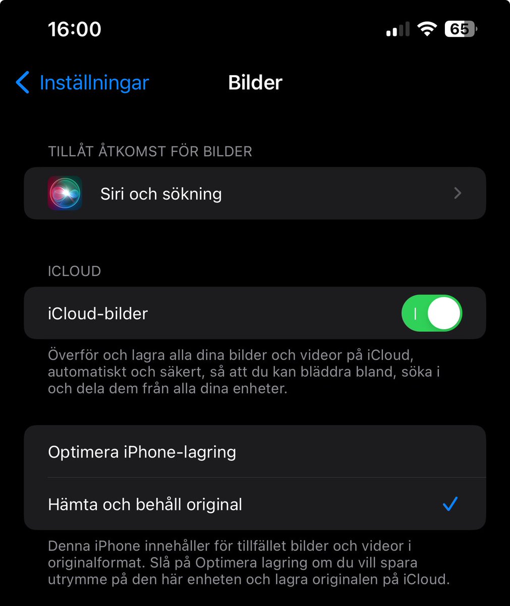 blomko's tweet photo. @mackeemackee Alternativet ”Optimera iPhone-lagring” hjälper inte? Eller du kanske redan har det aktiverat och behöver ännu mer fritt? https://t.co/RyrivRiMKf