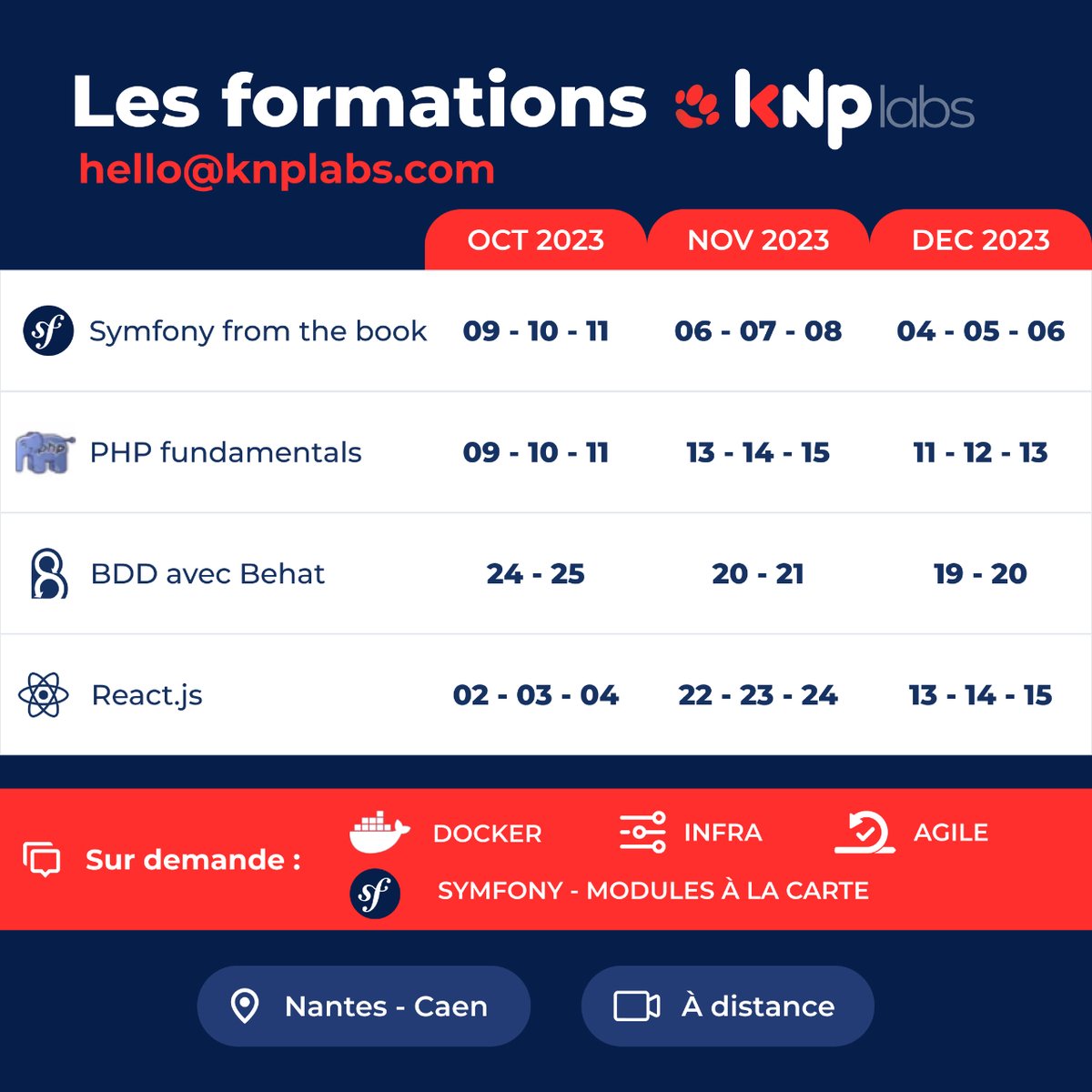 KNPLabs's tweet photo. 🍁 Be prepared for autumn ! Next training sessions are available. Hands on trainings, which cover all the needs to develop a stable web app: #php, #Symfony, #React, #Behat et #tests, #docker, #agilité. Find out all our trainings https://t.co/qYToyjfUrn https://t.co/NQLH7SVcsF