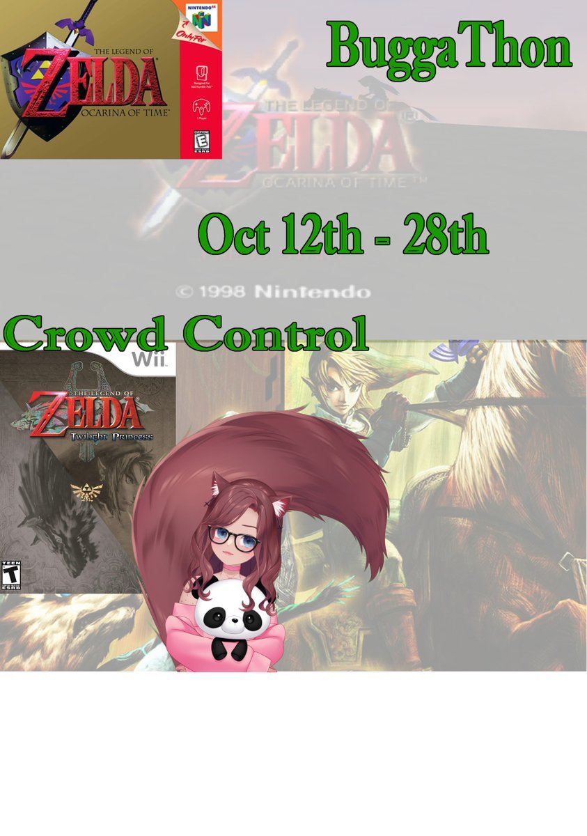 KattieBuggVT's tweet photo. During the BuggaThon event you'll be able to control what happens in game With Crowd Control.
Which game do you think I should start with? (poll in comments)
#Buggathon #TwitchStreamers #OcarinaofTime #TwilightPrincess #LegendOfZelda #twitchaffiliate https://t.co/MDSBucZuZh